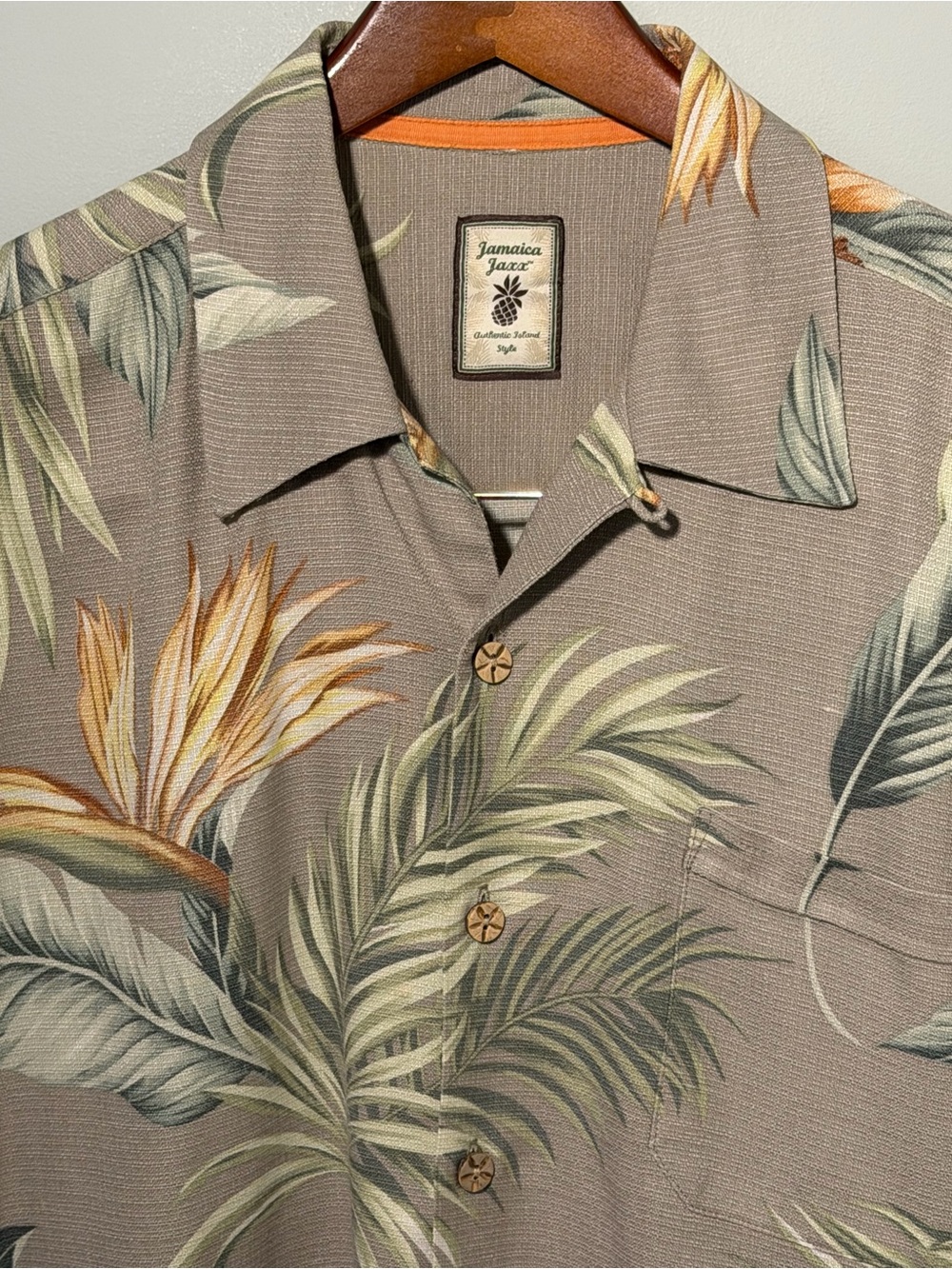 Jamaica Jaxx Taupe Tropical Print Short Sleeve Island-Inspired Camp Shirt